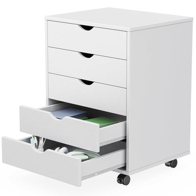 Sweetcrispy 5 Drawer Chest Mobile Storage Cabinets Small Wooden Dresser with Wheels Room Organization Furniture for Office Home, White Wood
