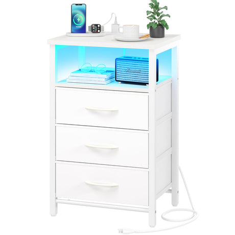 Yoobure Night Stand with Charging Station, 16 Colors LED Nightstand with USB Ports and Outlets, End Table with 3 Fabric Drawers and Storage Shelf, Bedside Tables Small Dresser for Small Space White Yoobure