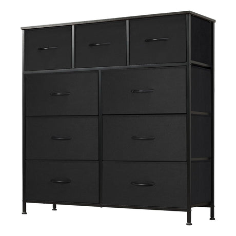 DUMOS Dresser for Bedroom, Storage Drawers, Fabric Storage Tower with 9 Drawers, Chest of Drawers with Fabric Bins, Sturdy Metal Frame, Wood Tabletop for Guest Room, Closet, Entryway, Nursery DUMOS