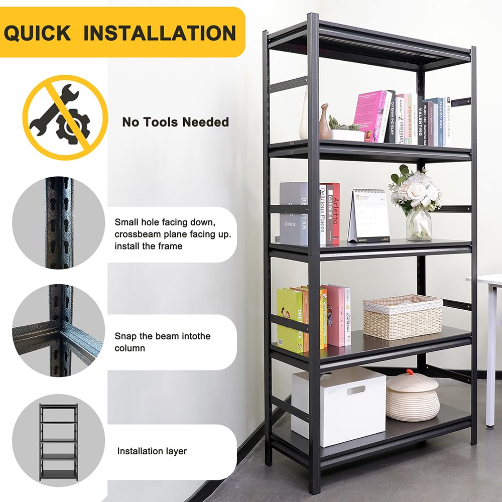 5-Tier Garage Shelving 2500LBS Storage Shelves Heavy Duty Adjustable Garage Shelves, Utility Rack Shelf, Shelving Units for Storage Warehouse Kitchen Pantry Closet, 47.2" W x 18" D x 78" H, Black Generic