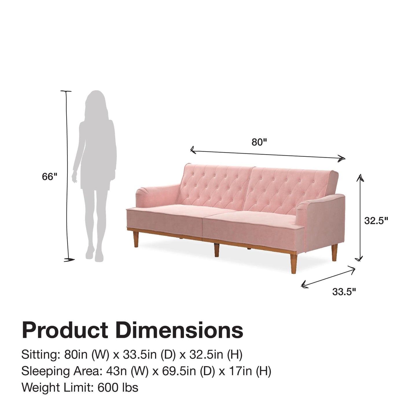 Mr. Kate Stella 80 Inch Futon Sofa Bed in Velvet Fabric, Modern Upholstered Couch Sleeper with Button Tufted Back and Wood Trim, Pink - WoodArtSupply