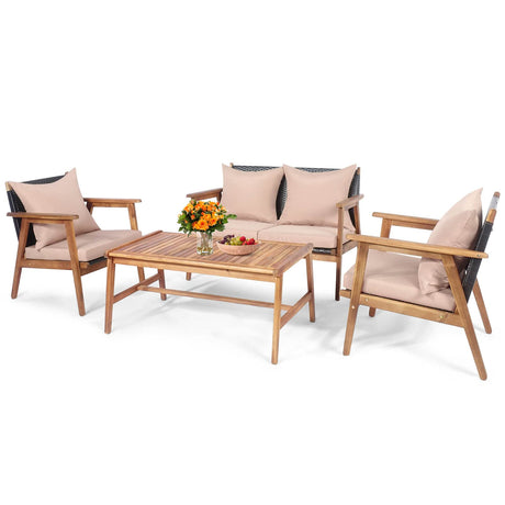 Tangkula 4-Piece Patio Furniture Set, Outdoor Acacia Wood Conversation Set with Cushions and Coffee Table, Outdoor PE Wicker Sectional Sofa Set for Garden, Poolside and Backyard (1, Beige) Tangkula