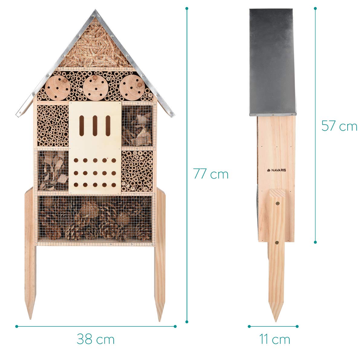 Navaris Insect House with Stakes - Extra Large Wooden Bug Hotel 22.4" H x 15" W - Bee, Butterfly, Ladybug Natural Nesting Habitat for Garden and Yard Navaris
