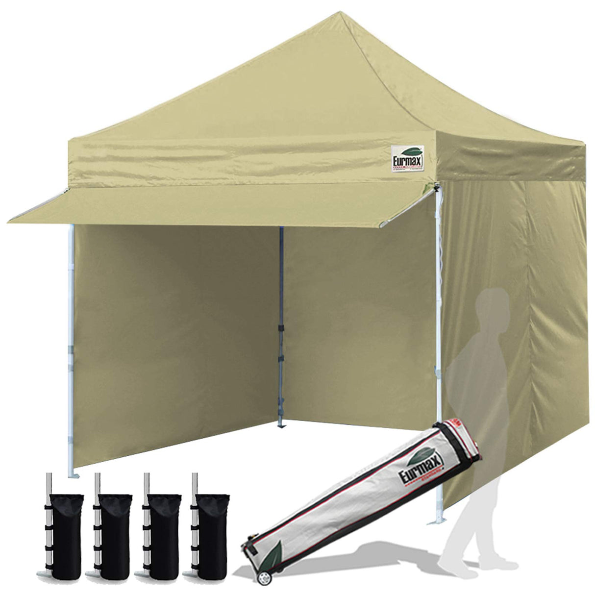 Eurmax USA 10 x 10 Pop up Canopy Commercial Tent Outdoor Party Canopies with 4 Removable Zippered Sidewalls and Roller Bag Bonus 4 Canopy Sand Bags & 24 Squre Ft Extended Awning (Beige) Eurmax