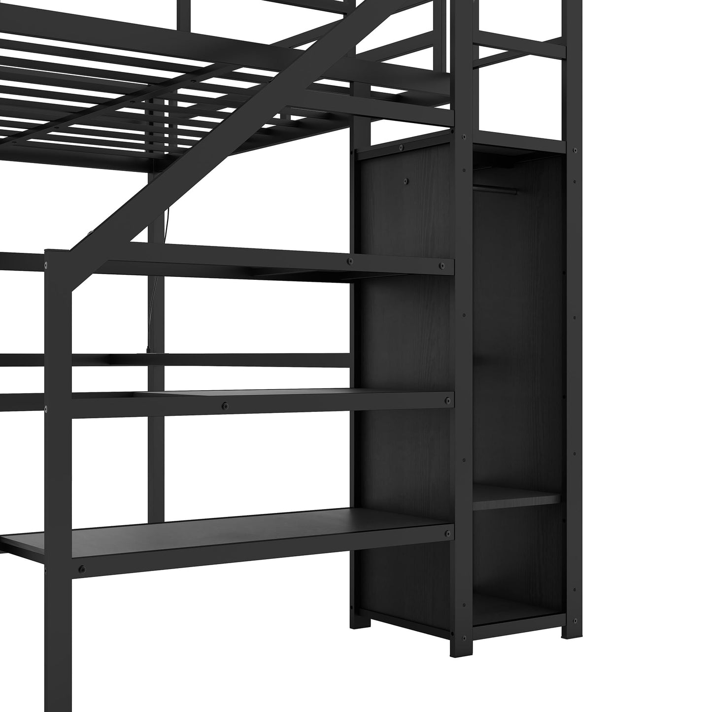 Linique Full-Size Gaming Loft Bed with Desk, LED Lights, and Wardrobe in Black - WoodArtSupply