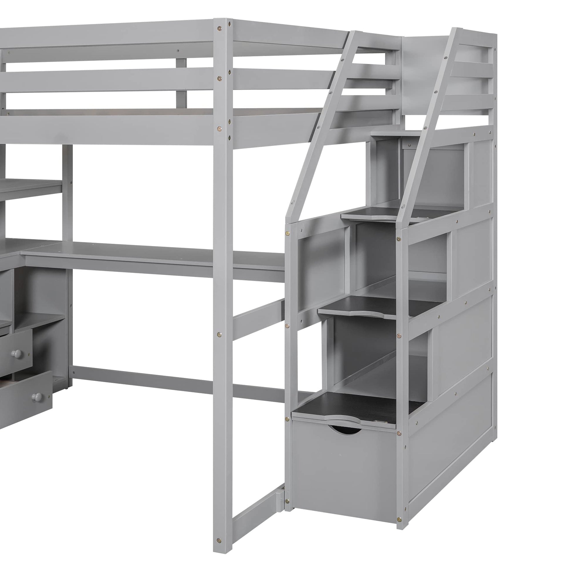 SOFTSEA Grey Full-Size Loft Bed with Integrated Desk and Storage Solutions - WoodArtSupply