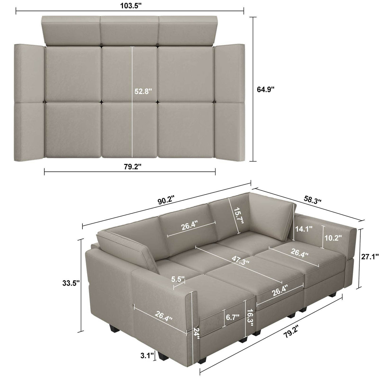 Belffin Modular Velvet Sectional Sofa with Chaise Lounge Sectional Sleeper Sofa with Storage Chaise Sofa Bed Couch for Living Room Grey Belffin