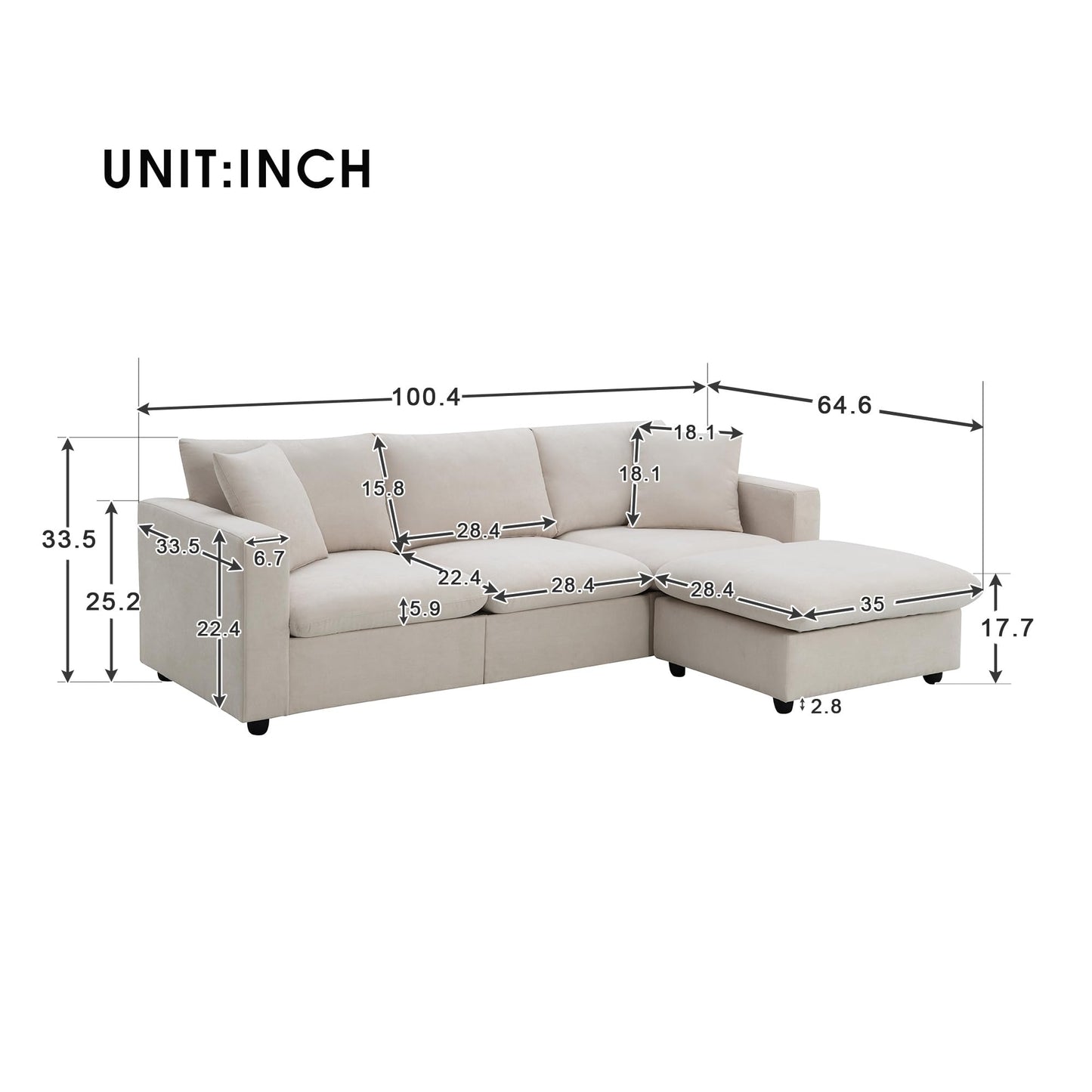 Tmsan 100.4" Modular Sectional Sofa Cloud Couch for Living Room, Modern Beige L Shaped Couch Set with Convertible Ottoman, 4 Seater Polyester Fabric Sofa with 2 Pillows for Apartment Office