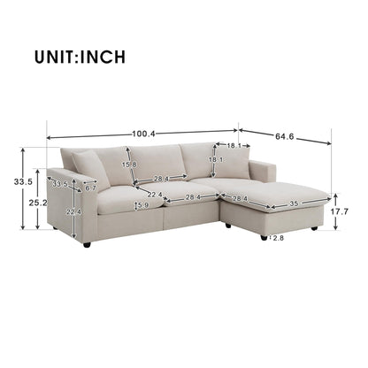 Tmsan 100.4" Modular Sectional Sofa Cloud Couch for Living Room, Modern Beige L Shaped Couch Set with Convertible Ottoman, 4 Seater Polyester Fabric Sofa with 2 Pillows for Apartment Office