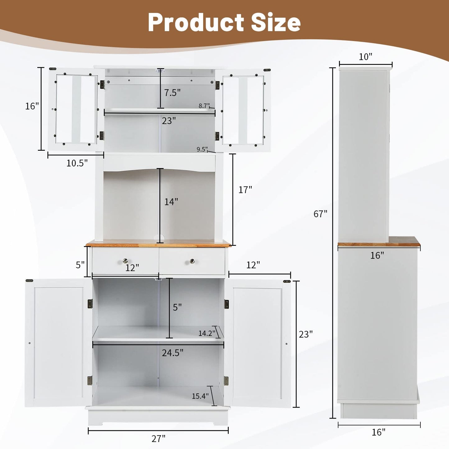 PETSITE Kitchen Pantry Storage Cabinet, 67" Freestanding Microwave Cupboard with Tempered Glass Cabinet, Adjustable Shelves, 2 Drawers, Buffet with Hutch for Living Room, Dining Room, White - WoodArtSupply