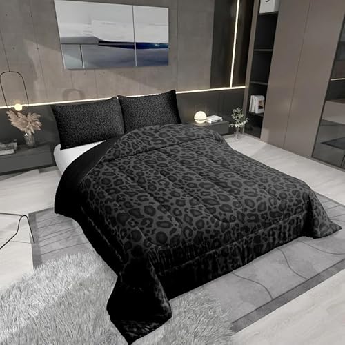 Manfei African Cheetah Wildlife Bed Comforter Set Queen Size Black Wild Animal Skin Super Soft Microfiber Bedding Set for Adults Teens Leopard Print Comforter Set 2 Pillowcases Manfei