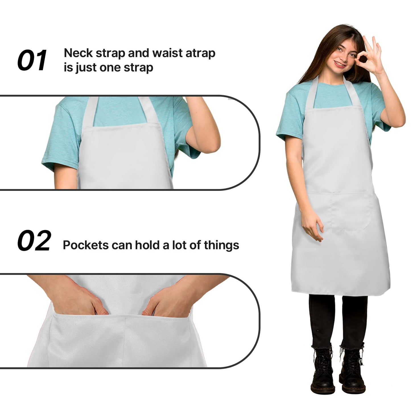 Syhood 18 Pack Bib Apron with Pocket Unisex Commercial Apron Kitchen Plain Bulk Chef Grill Cook Apron for Women Men Cooking Restaurant BBQ Painting Crafting(White)