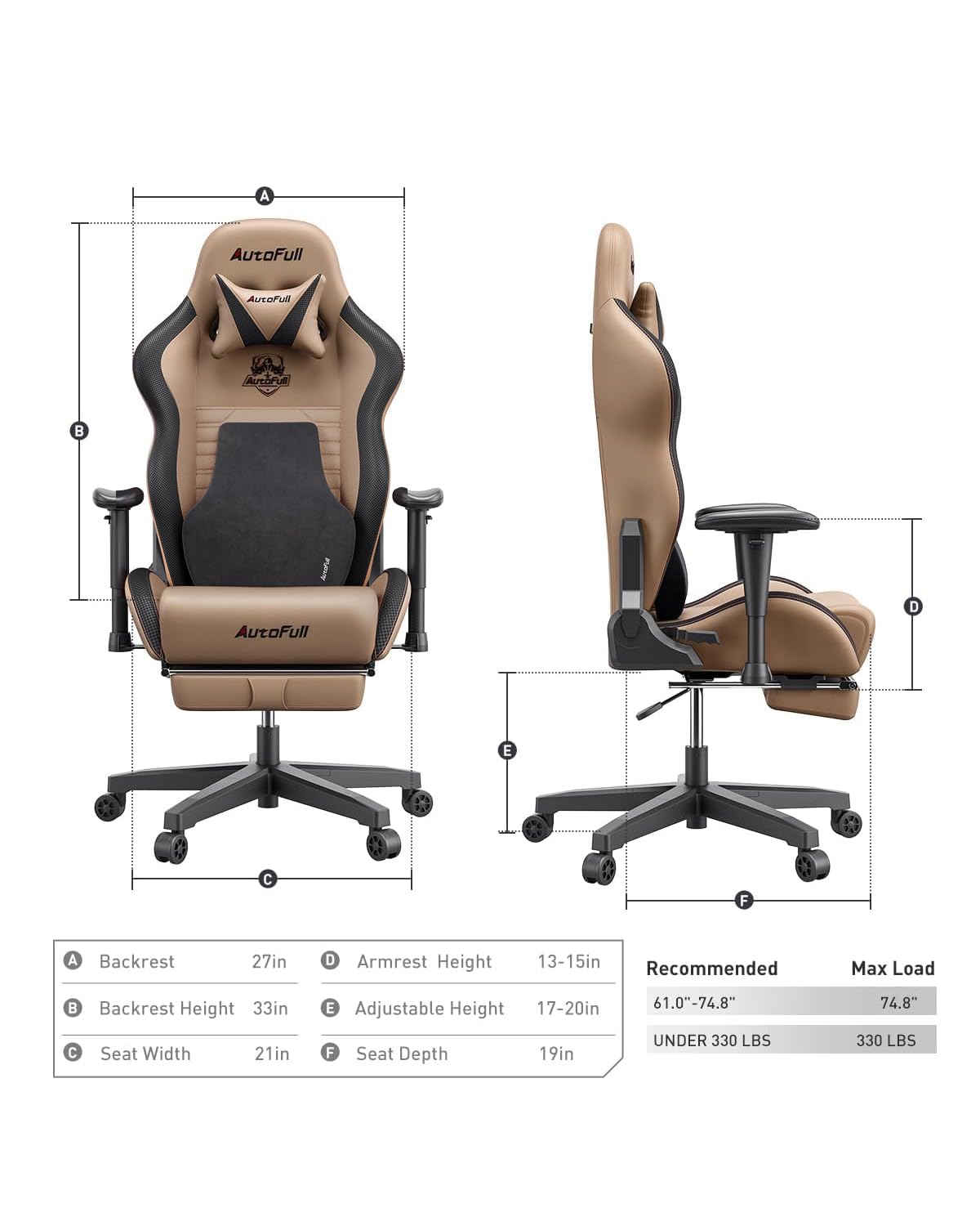 AutoFull Gaming Chair, Racing Style Gaming Chair with Ergonomic Lumbar Support,Adjustable High Back PU Leather PC Chair with Footrest,Brown AutoFull
