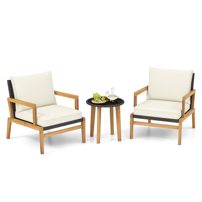 Tangkula 3 Piece Patio Chair Set, Wicker Chair & Side Table Set with Soft Cushions & Tempered Glass Tabletop, Solid Wood Support, Outdoor Rattan Furniture Set for Porch, Backyard, Poolside - WoodArtSupply