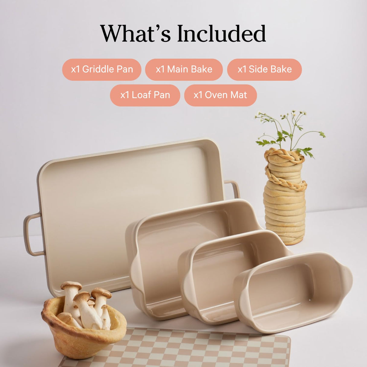 Our Place Bakeware Set | 5-Piece Nonstick, Toxin-Free, Ceramic, Stoneware Set with Oven Pan, Bakers, & Oven Mat | Space-Saving Nesting Design | Oven-Safe | Bake, Roast, Griddle and more | Spice Our Place