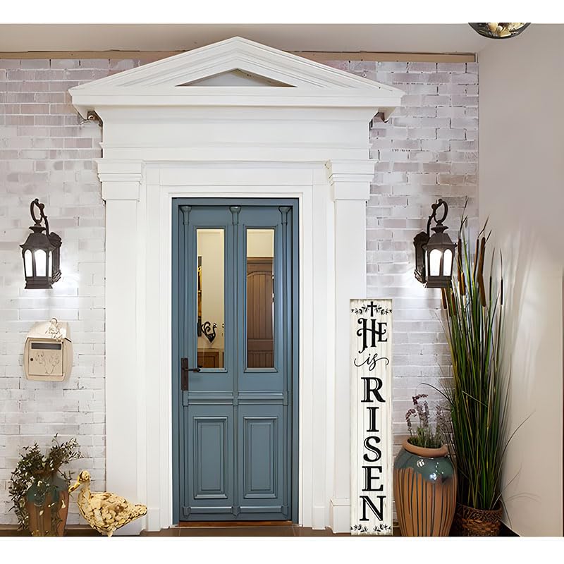 Houseuse He Is Risen Porch Sign 8x48" Easter Decorations Religious Easter Cross Decor Hanging Farmhouse Wooden Jesus Spring Vertical Wooden Sign Home Front Door Wall Spring Decor, CTXS2312230X06Q Houseuse