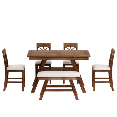 Kitchen Dining Table Set 6 Piece Wooden Counter Height Dining Table Set with Storage Shelf, Rectangular Dining Table with 4 Upholstered Chairs and 1 Bench, Rustic Style, Walnut with Beige Cushion Merax