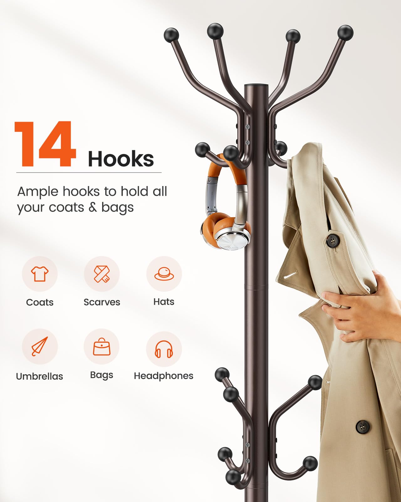 Pipishell Coat Rack with 14 Hooks, Freestanding Coat Rack Stand for Entryway, Hallway, Bedroom, and Office, Metal Coat Tree & Hat Rack for Coats, Hats, and Bags, Brown