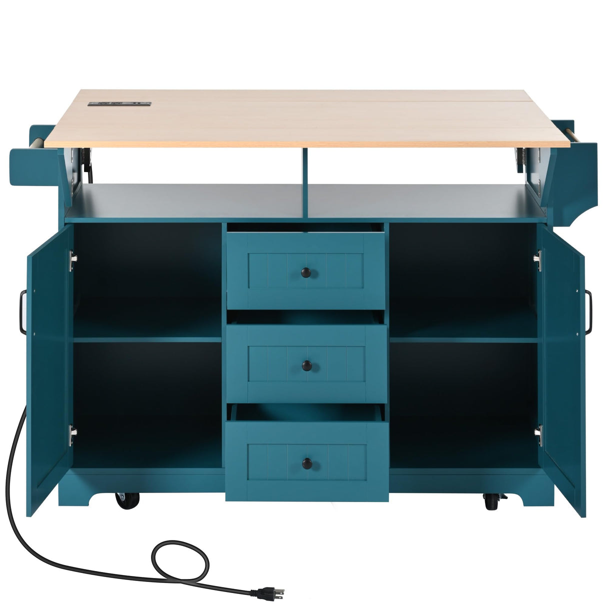 Quarte Farmhouse Large Kitchen Island with 2 Drop Leaf and Power Outlet,Rolling Kitchen Cart on 5 Wheels, Folding Storage Dining Table for Home, Dining Room (Green/Double) Quarte