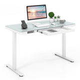 Tangkula Glass Standing Desk with Drawer, 48” x 24” Height Adjustable Electric Stand Up Desk with Tempered Glass Top, Sit Stand Desk with Memory Positions & USB Type-C Outlets for Home Office (White) Tangkula