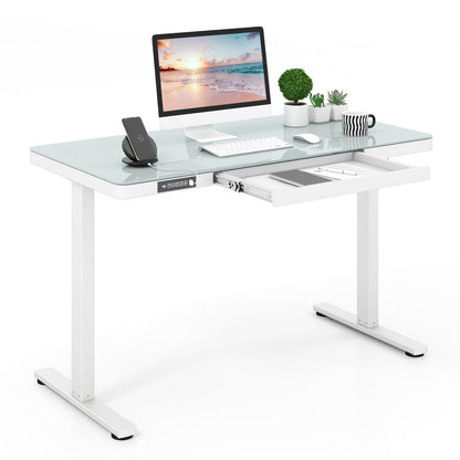 Tangkula Glass Standing Desk with Drawer, 48” x 24” Height Adjustable Electric Stand Up Desk with Tempered Glass Top, Sit Stand Desk with Memory Positions & USB Type-C Outlets for Home Office - WoodArtSupply