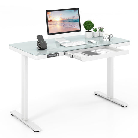 Tangkula Glass Standing Desk with Drawer, 48” x 24” Height Adjustable Electric Stand Up Desk with Tempered Glass Top, Sit Stand Desk with Memory Positions & USB Type-C Outlets for Home Office (White) Tangkula