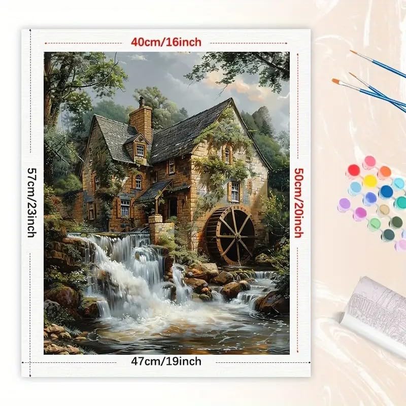 TAOPAOLAB Landscape Paint by Numbers Kit for Adults - DIY Old Watermill with Waterfall Painting on Canvas 16x20 Inches, Acrylic Paint Set, Suitable for Beginners, Art for Home Decoration or Gifts TAOPAOLAB