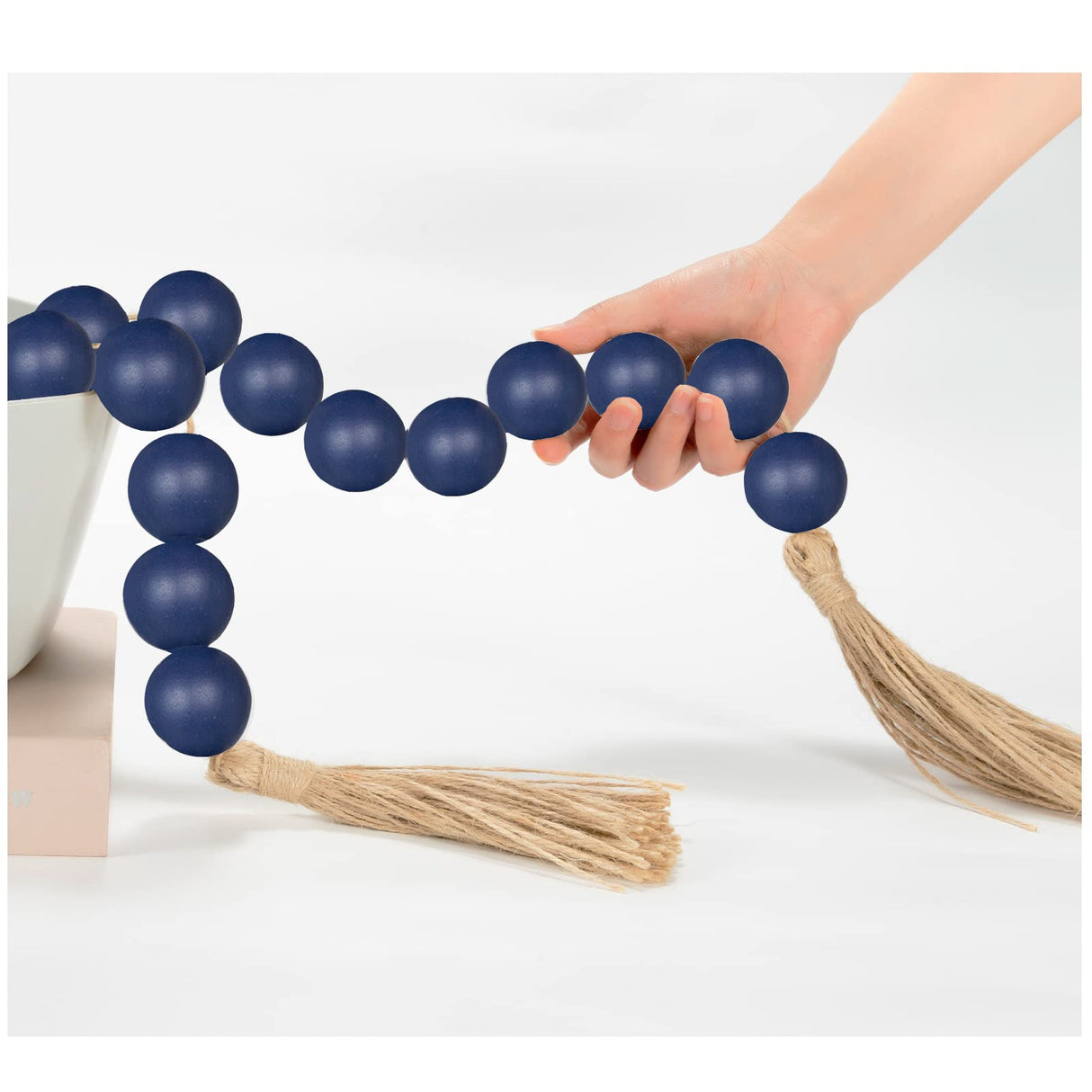 OMISHE Large Wood Bead Garland Navy Blue with 1.6" Diameter Wooden Beads and Tassels, Decorative Beads Decorations, 41" Long Rustic Farmhouse Country Wood Beads Garland for Home Wooden Decor Navy Blue OMISHE