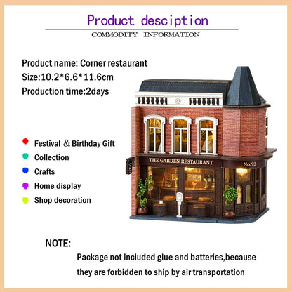 Miniature European-Style Chalet Cottage Dollhouse Kit Wooden Furniture, DIY Dollhouse Kit with LED Creative Room,Adult Teenager Children Gift (Garden Restaurant)