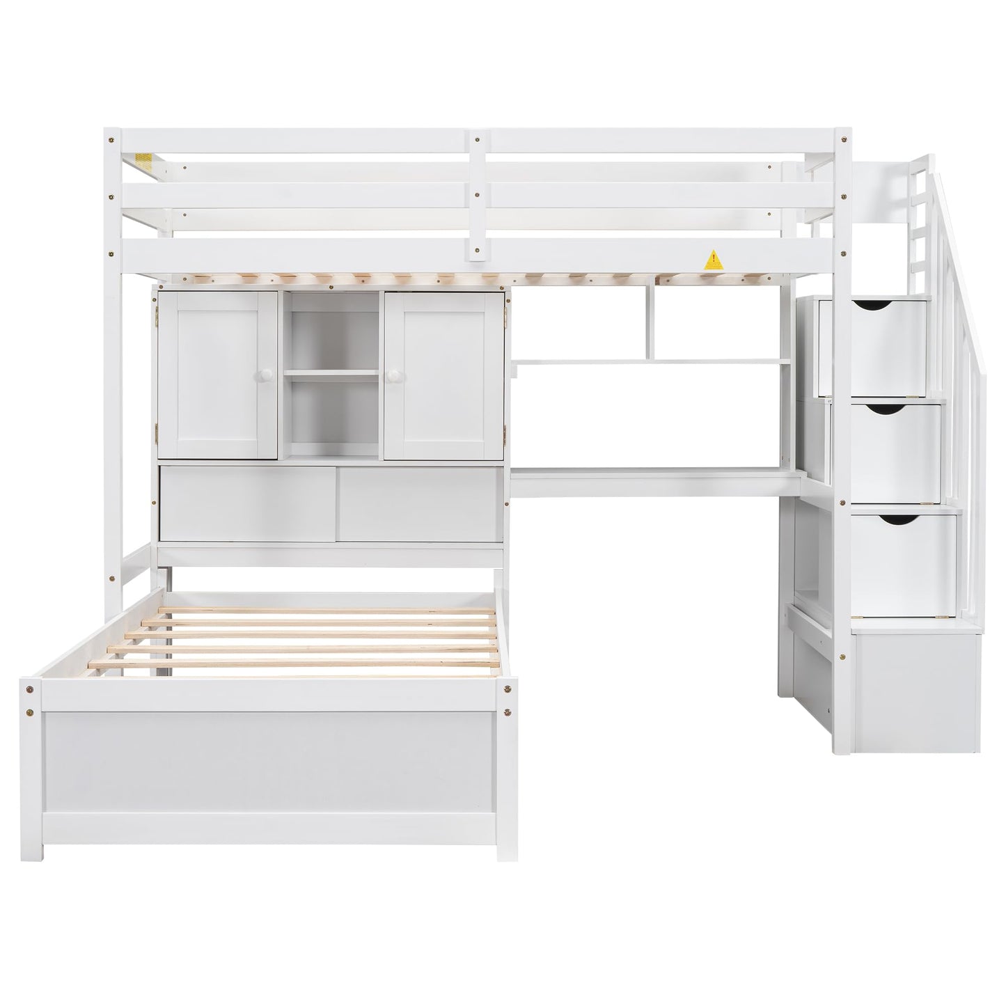 Twin over Twin Bunk Bed with Stairs and Desk, Solid Wood Loft Bed with Storage Shelves and Drawers, Stairway Bunk Bed Frame with Bookcase Headboard for Kids Teens Adults - White