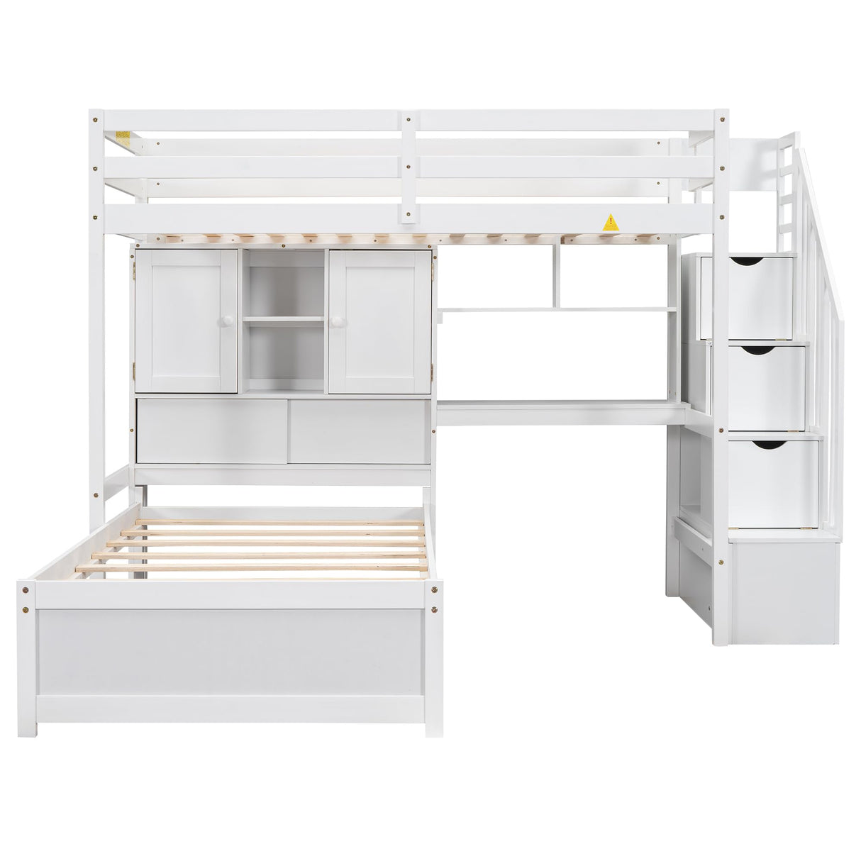 HRJHLucky Twin Over Twin Loft Bed with Built-in Desk and Staircase, White Pine Wood+MDF Bunk Bed with Storage Compartments and Shelves for Children, Teens, Adults HRJHLucky
