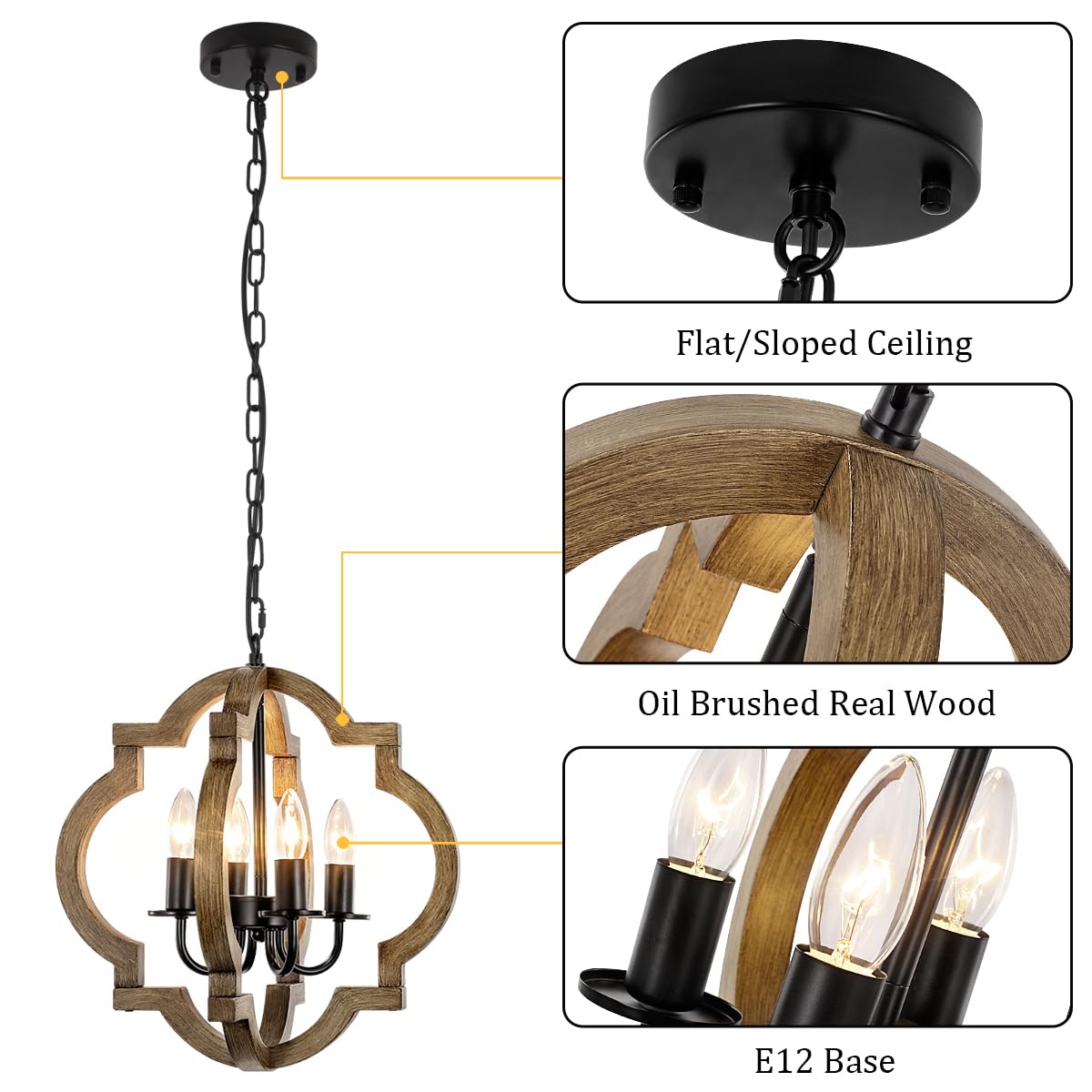 Farmhouse Orb Chandelier, Rustic Wood Chandelier for Dining Room, 4-Light Pendant Light for Kitchen Island Hallway Foyer Entryway Bedroom, Adjustable Height TOULMJ