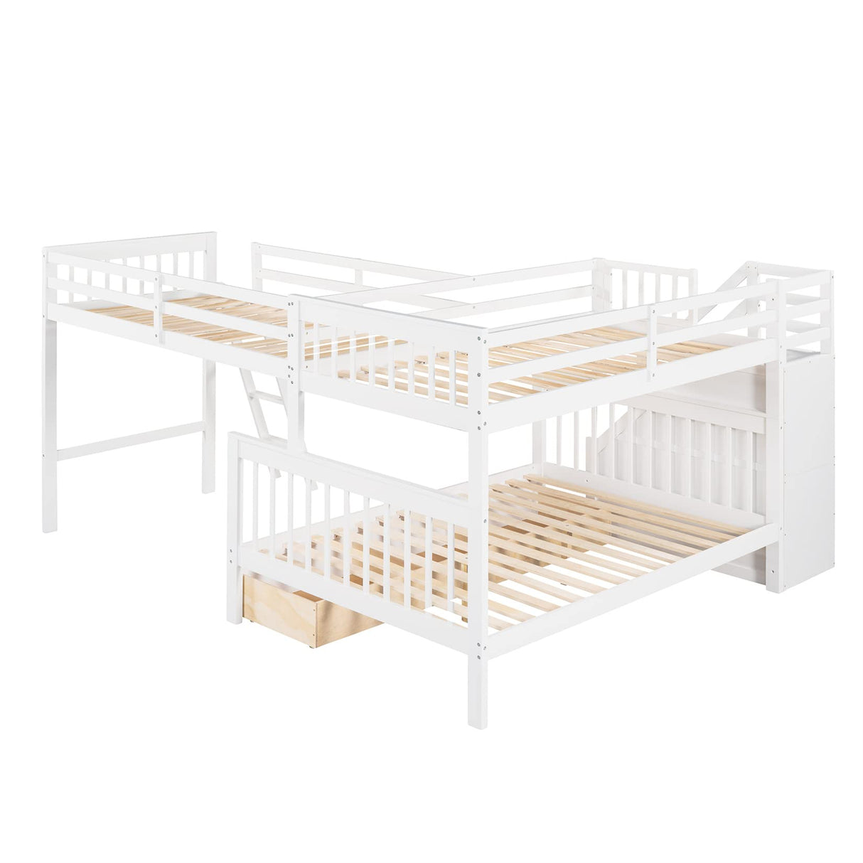 Bellemave L-Shape Triple Bunk Beds with Stairs and Storage Drawers Twin Over Full Bed Attached a Loft Wood Corner Bunked for 3 Kids Boys Girls Teens, White, White Stairs, Bellemave