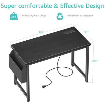 Lufeiya 39 inch Computer Desk with Power Outlet, 40 inch Teen Study Table Home Office Work Writing Desks with Charging Station Outlets Built in, Black - WoodArtSupply