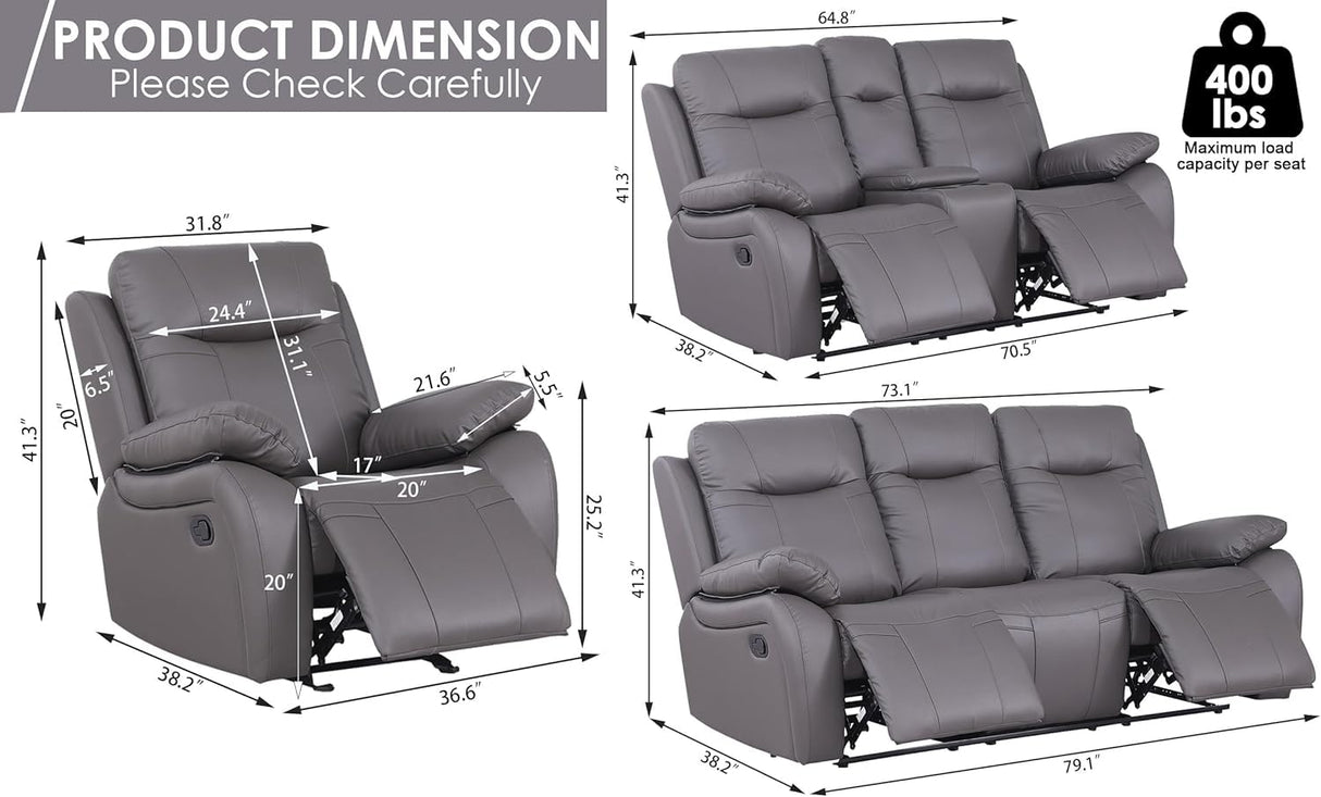 Manual Recliner Sofa Set Furniture for Living Room, Leather Reclining Sofa, Home Theater Seating 3 Pcs Included Recliner Chair, Reclining Loveseat and 3 Seater Sofa with Console Storage (1+2+3), Gray poplarbox