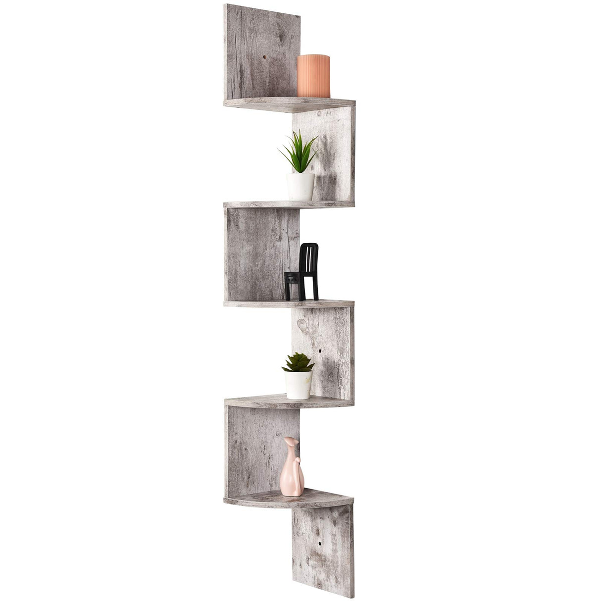 Greenco 5-Tier Floating Corner Shelves, Wall Organizer Storage, Easy-to-Assemble Wall Mount Shelves for Bedrooms, Bathroom, Kitchen, Offices, and Living Rooms(Rustic White Finish) Greenco