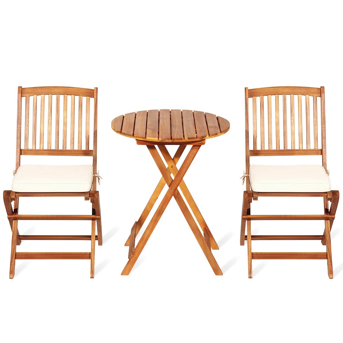 Giantex 3Pcs Patio Bistro Set, Wood Folding Table Set, 2 Cushioned Chairs for Garden Yard, Outdoor Furniture Round Table (Natural & Beige) Giantex