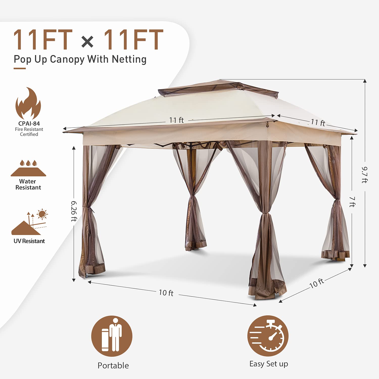 Cool Spot 11x11 Pop-Up Instant Gazebo Tent with Mosquito Netting Outdoor Canopy Shelter with 121 Square Feet of Shade by COOS BAY (Beige) - WoodArtSupply