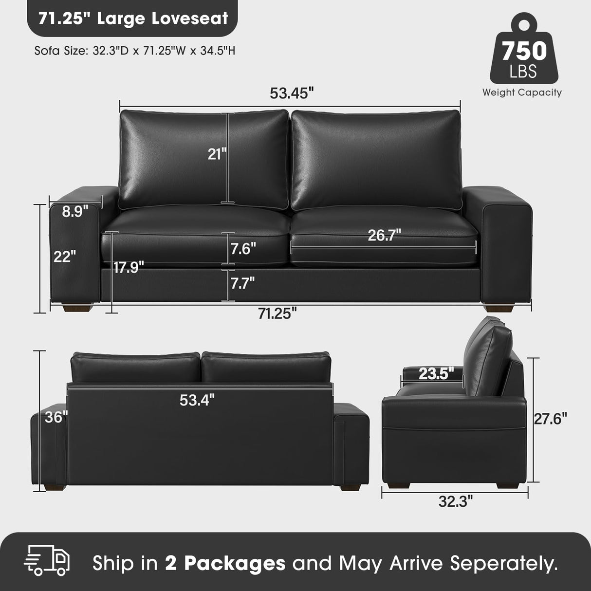 Valthie Faux Leather Couch, Mid Century Modern Comfy Loveseat Sofa with Wide Arm, Side Pockets, Solid Wooden Frame for Office, Living Room and Bedroom, 2 Seater (Black, 71.25 Inches) Valthie