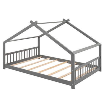 Bellemave Full-Size Montessori Floor Bed Frame with Playhouse Design in Grey - WoodArtSupply