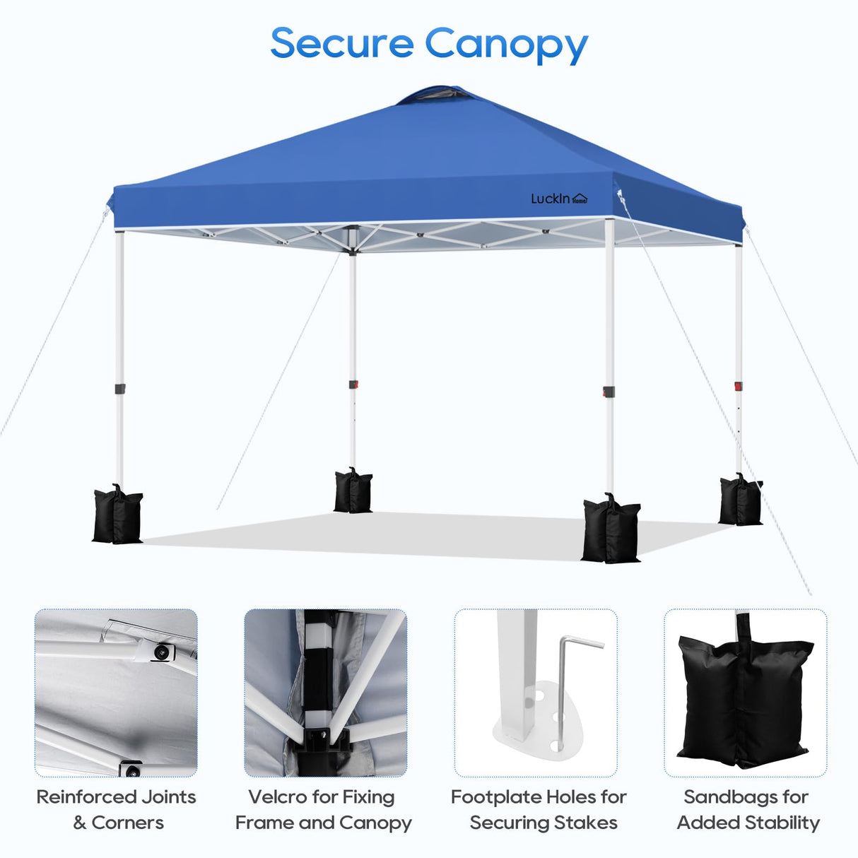 LuckIn 10×10 Pop Up Canopy Tent, Patented One Push Instant Canopy with Wheeled Carry Bag, Heavy Duty Shade Tent for Outdoor, Includes 150D Silver Coated Cover, 8 Stakes, 4 Ropes, 4 Weight Bags, Blue LuckIn