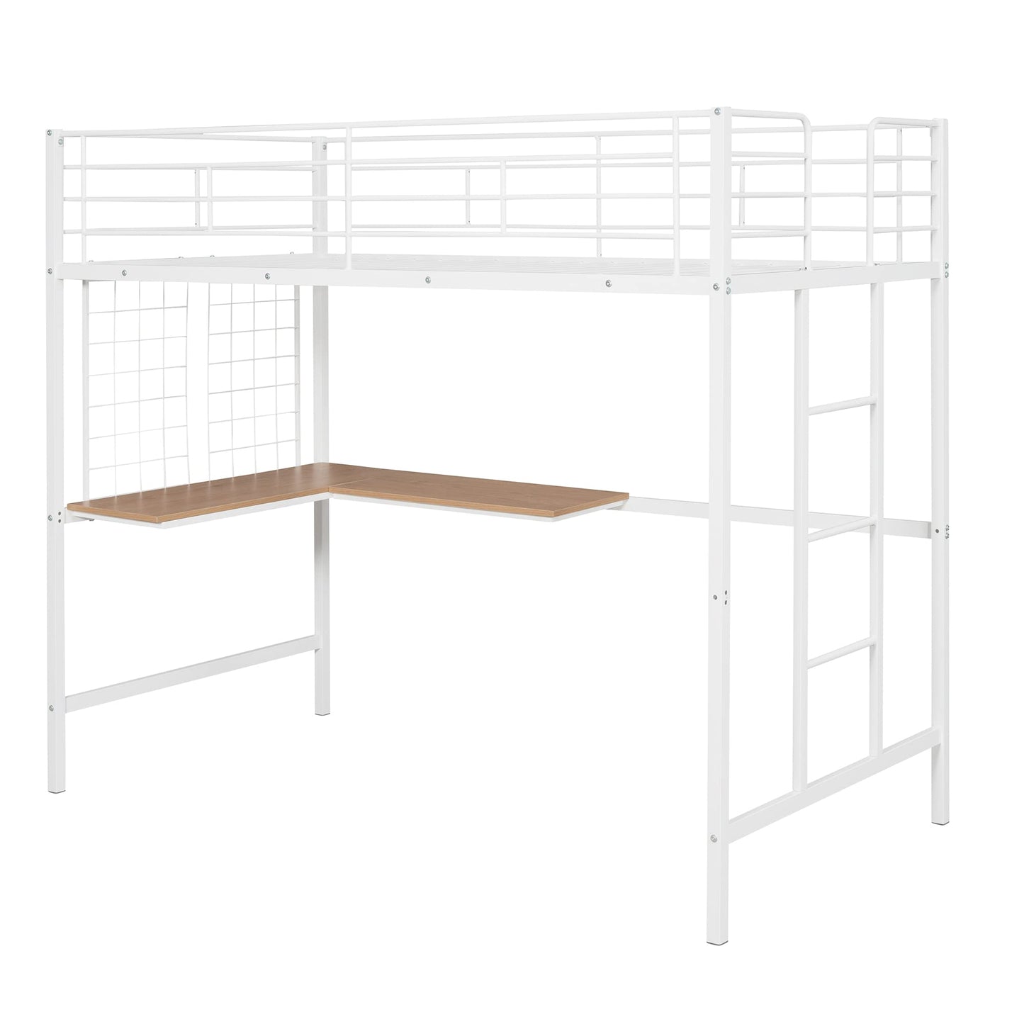 Harper & Bright Designs Twin Size Metal Loft Bed with L-Shape Desk, High Loft Bed with Metal Grid and Ladder,Loft Bed for Kids Teens Adults, No Box Spring Needed (White)