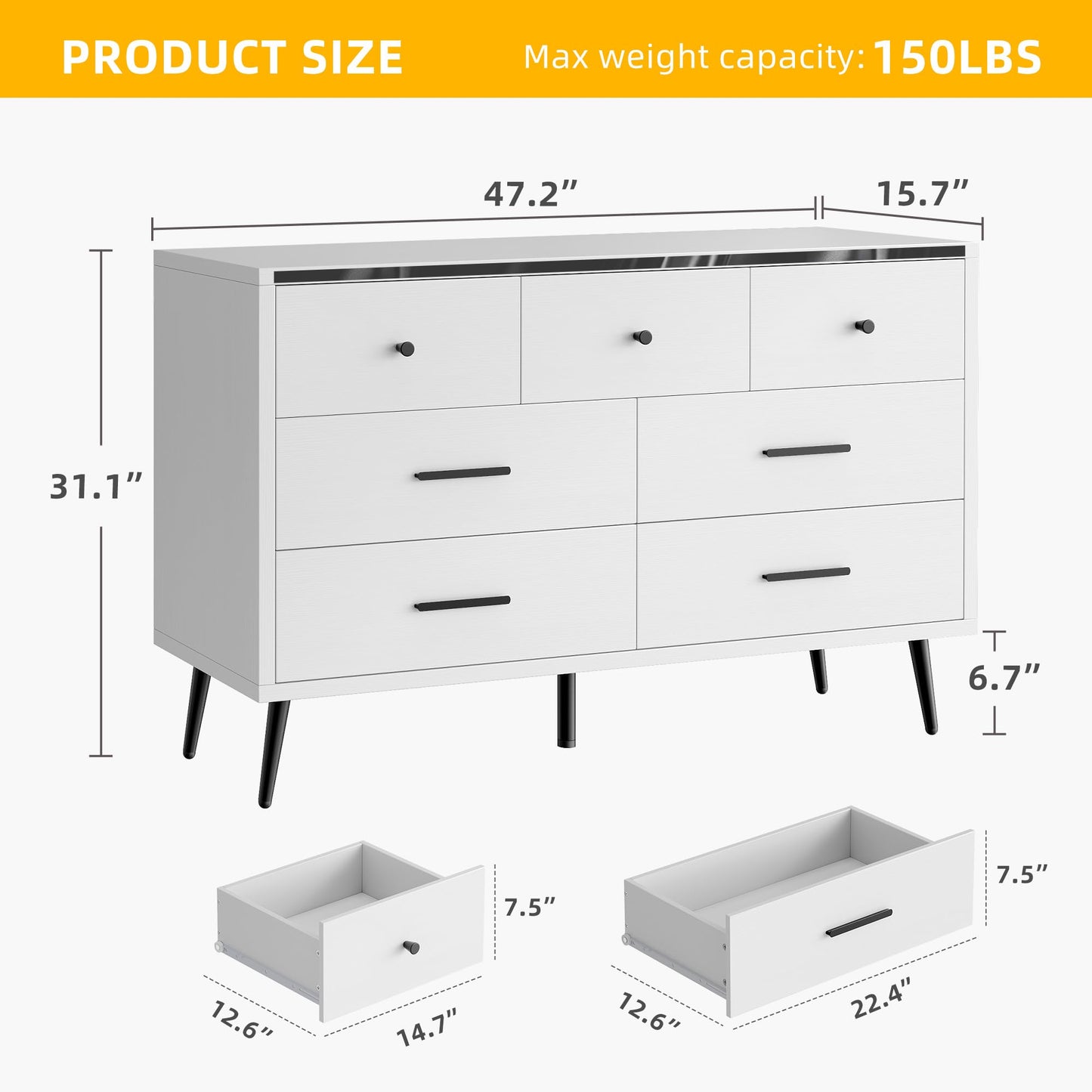 DWVO 7 Drawer Dresser for Bedroom, White Wood Storage Dressers & Chests of Drawers with Black Metal Handle ＆ Anti-Tipping Device, Modern Double Dresser Storage Cabinet Living Room Hallway, Entryway