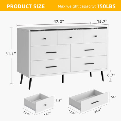 DWVO 7 Drawer Dresser for Bedroom, White Wood Storage Dressers & Chests of Drawers with Black Metal Handle ＆ Anti-Tipping Device, Modern Double Dresser Storage Cabinet Living Room Hallway, Entryway