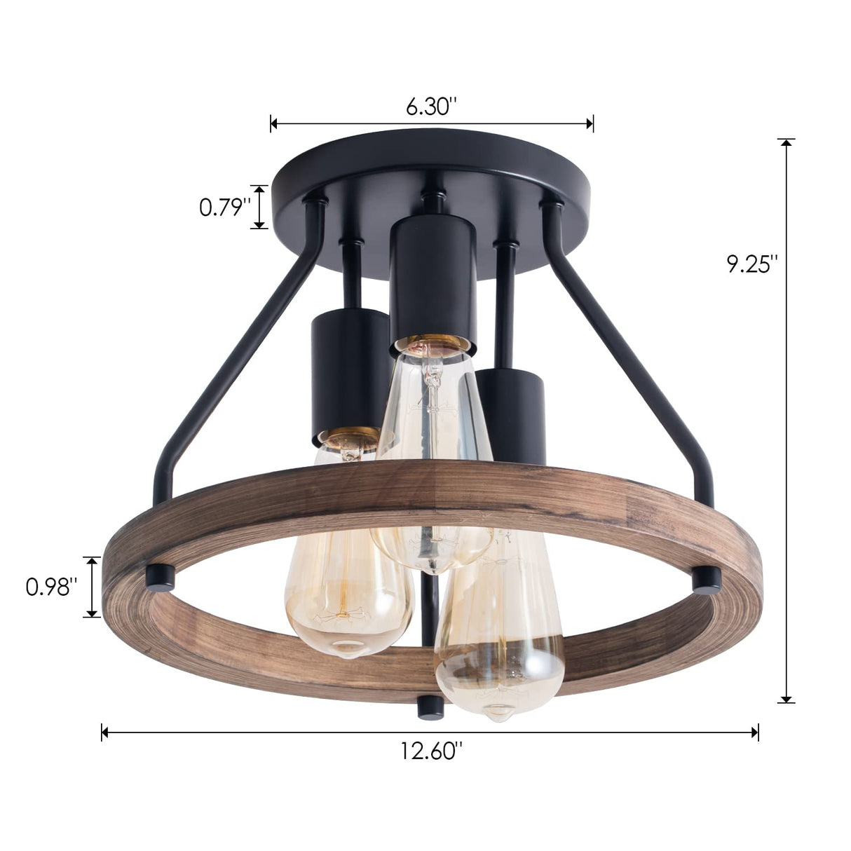VILUXY Industrial Flush Mount Ceiling Light Fixture with Retro Wood Circle Shade for Hallway, Entryway, Bedroom, Balcony Passway 3-Light VILUXY