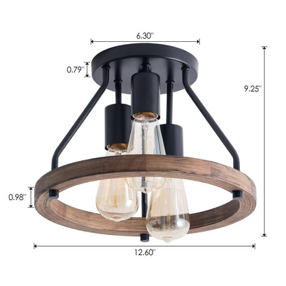 VILUXY Industrial Flush Mount Ceiling Light Fixture with Retro Wood Circle Shade for Hallway, Entryway, Bedroom, Balcony Passway 3-Light