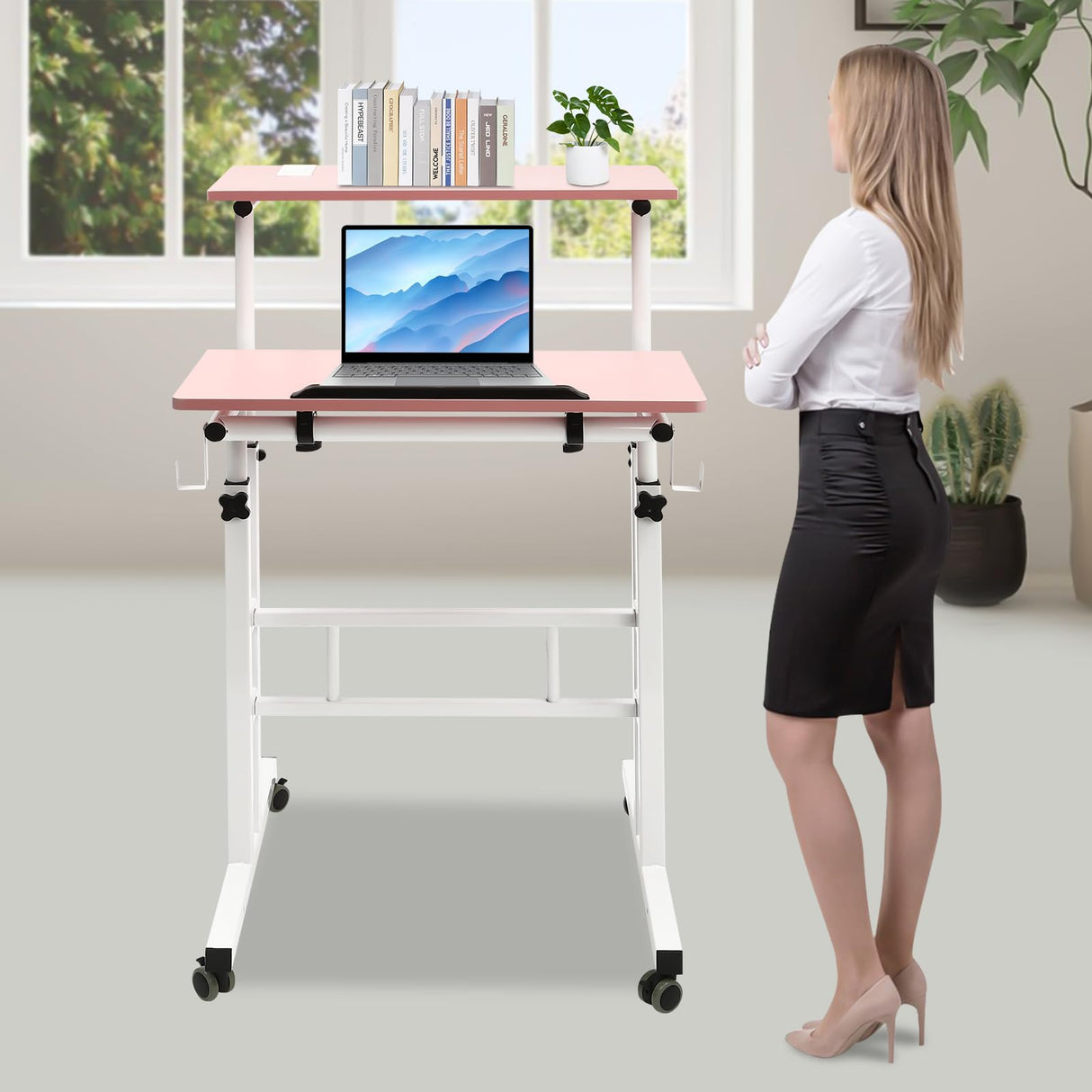 YIPONYT Mobile Standing Desk with 2 USB Ports and Outlets, Adjustable Standing Computer Desk, Standing Adjustable Laptop Cart with Wheels, Rolling Desk Laptop Cart (Pink) YIPONYT