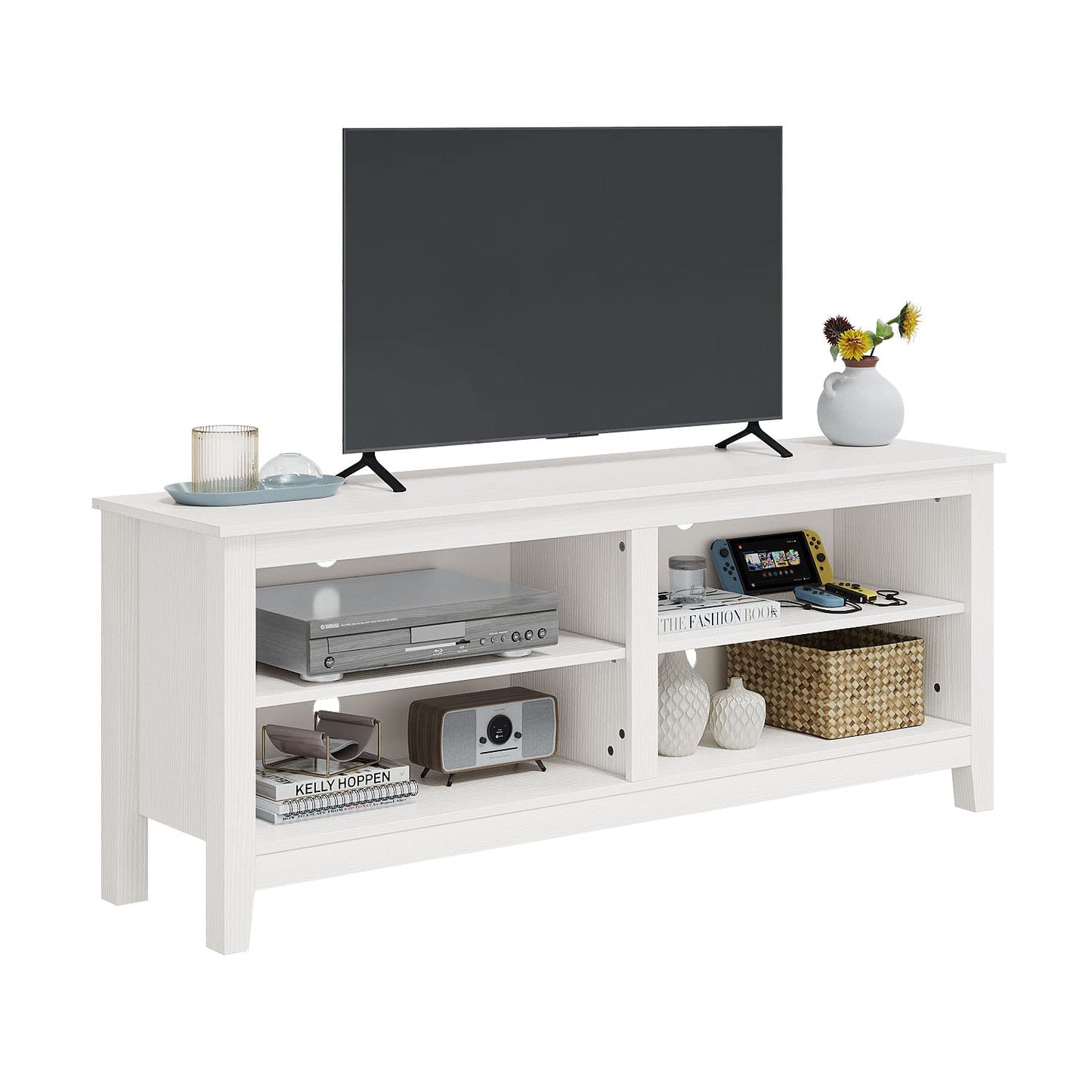 Panana TV Stand, Classic 4 Cubby TV Stand for 60 inch TV, Entertainment Center Media Television Stand for Living Room Bedroom (White, 55 inch)