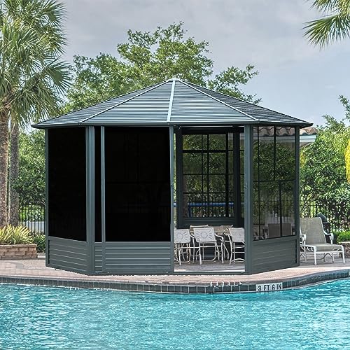 Domi 13x13FT Sunroom, Octagonal Solarium Aluminum Hardtop Gazebo with Galvanized Steel Roof, Detachable PE Screen, Sliding Door, Sun Room Pavilion Gazebo for Deck Backyard Garden - WoodArtSupply