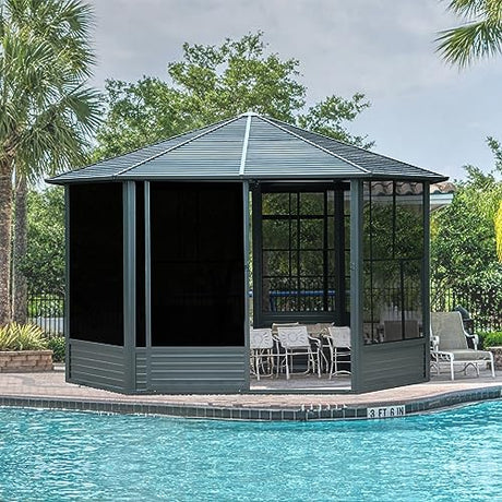 Domi 13x13FT Sunroom, Octagonal Solarium Aluminum Hardtop Gazebo with Galvanized Steel Roof, Detachable PE Screen, Sliding Door, Sun Room Pavilion Gazebo for Deck Backyard Garden domi outdoor living